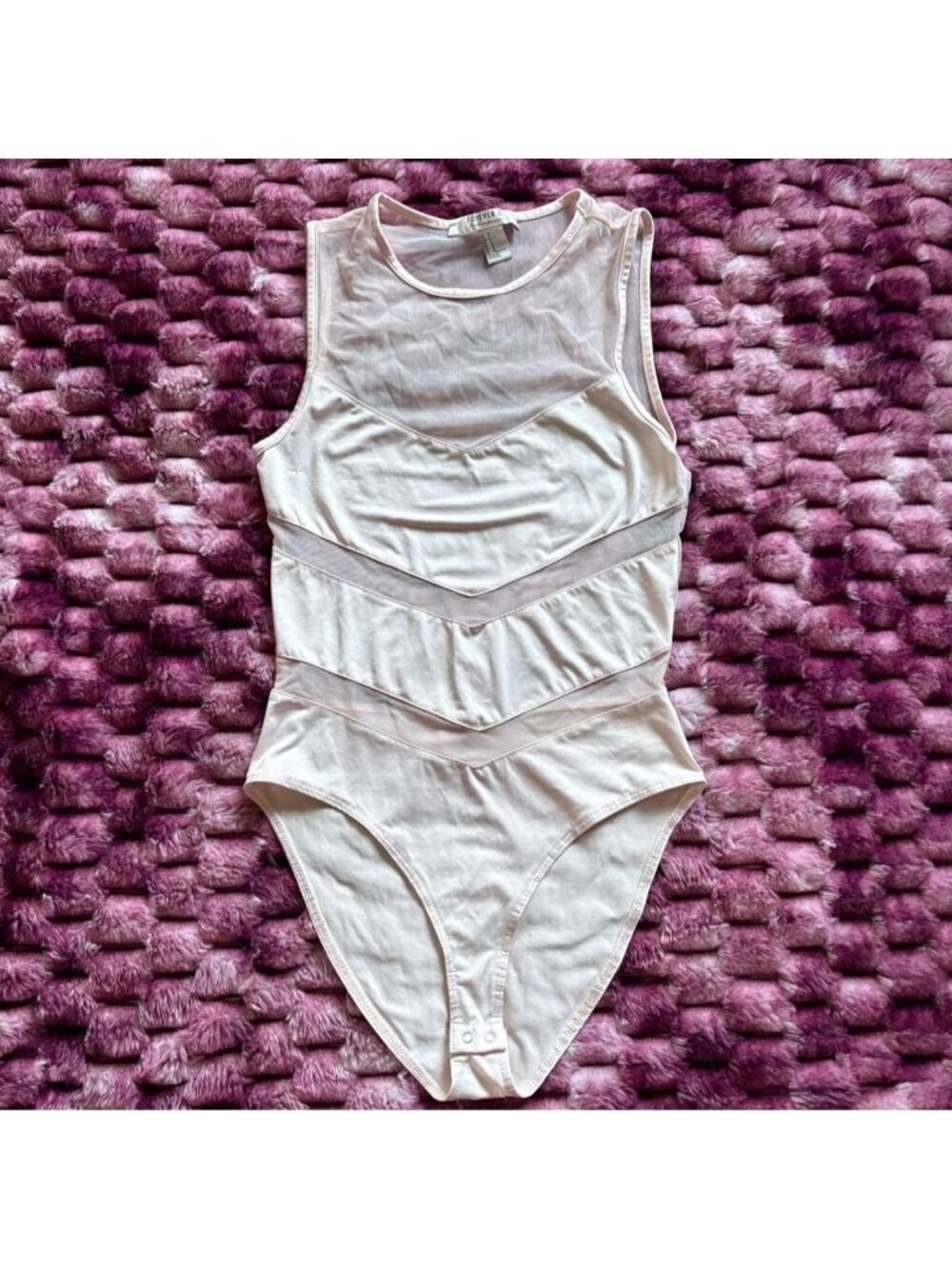 Forever 21 pale pink bodysuit with mesh cut outs and sheer back